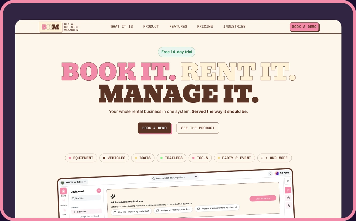 BRM rental business platform landing page preview