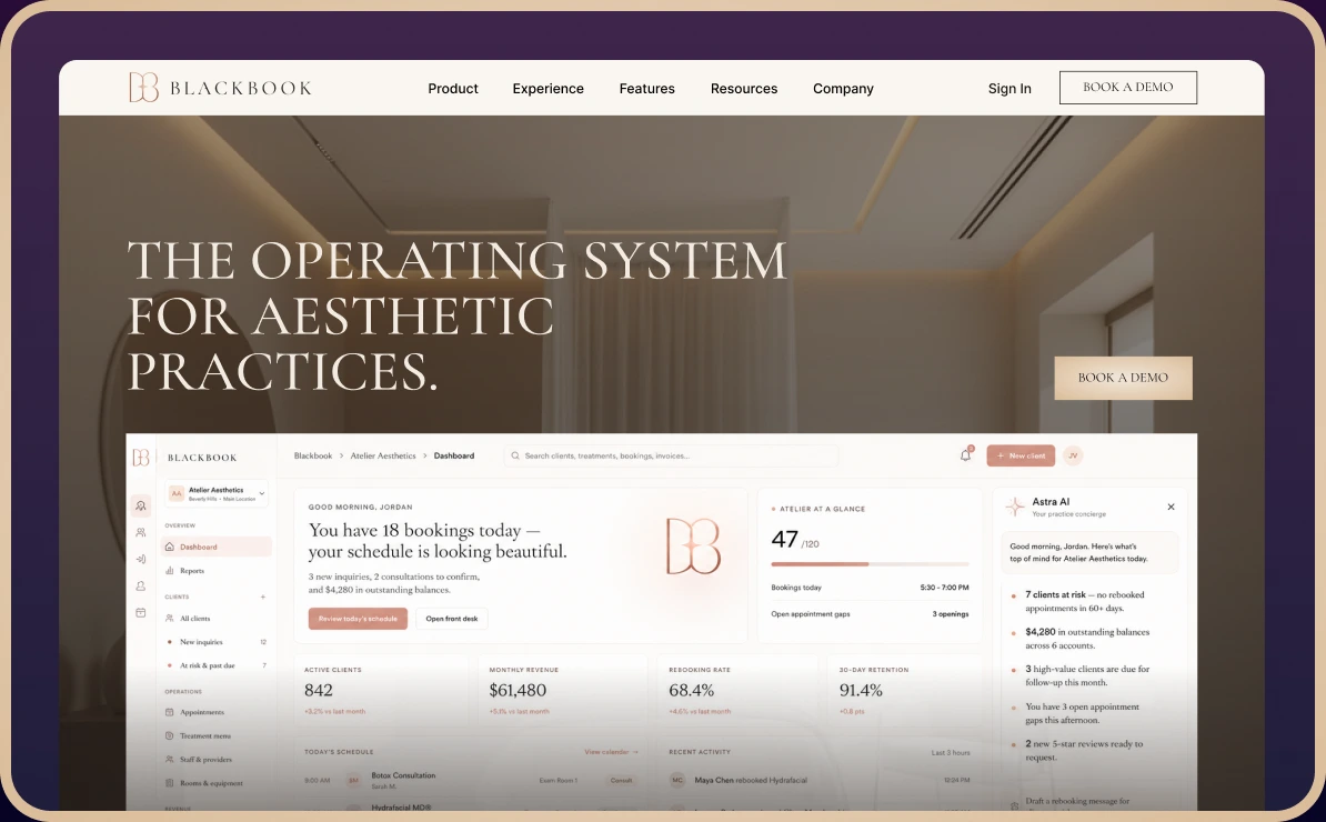 Blackbook aesthetic practice software landing page preview inside browser frame